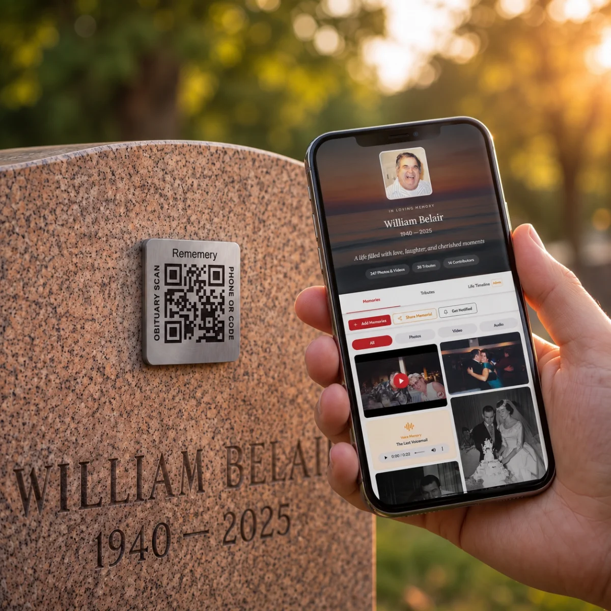 A phone scanning a Rememery Legacy Plaque on a headstone